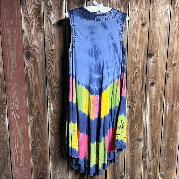 India Boutique Colorful Tie Dye Embroidered 70s Hippie Flowy Tent Dress Free Sz - Picture 4 of 11